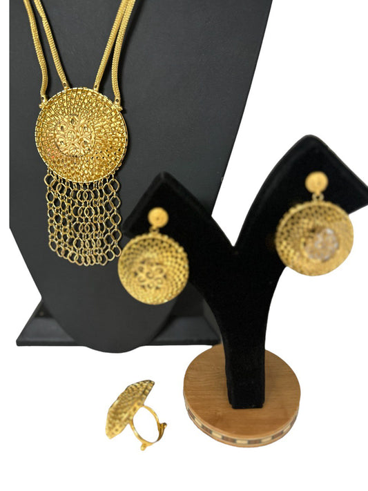 24k 1 Gram Gold Plated Long Necklace Earrings and Finger Ring Set 5017-1