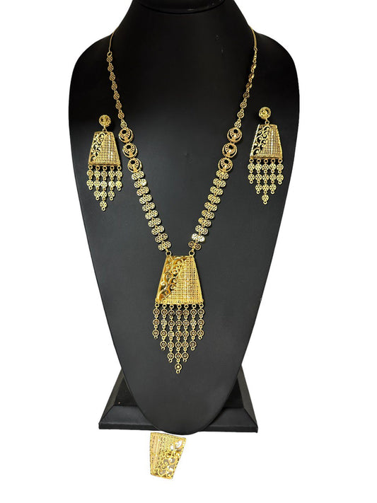 24k Gold Plated Long Necklace Earrings and Finger Ring Set Indian Jewelry #5191-1