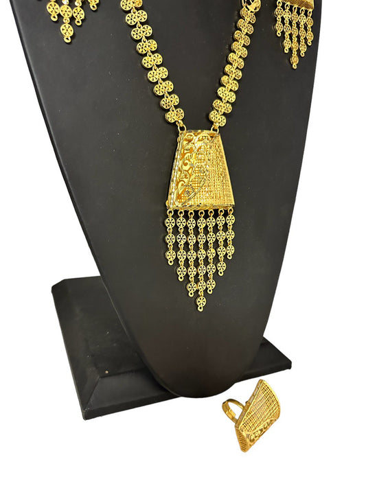 24k Gold Plated Long Necklace Earrings and Finger Ring Set Indian Jewelry #5191-1