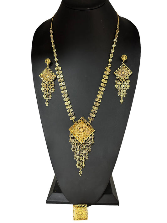 24k Gold Plated Long Necklace Earrings and Finger Ring Set Indian Jewelry #5191-2