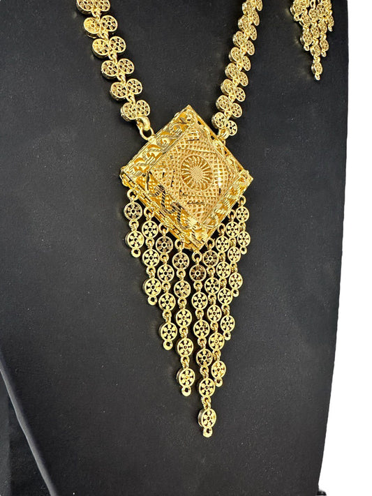 24k Gold Plated Long Necklace Earrings and Finger Ring Set Indian Jewelry #5191-2