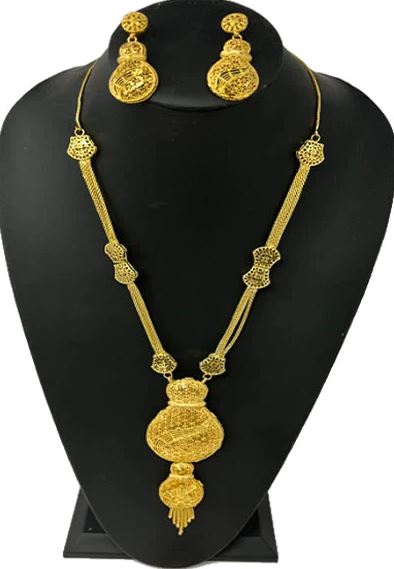 1 Gram 24k Gold Plated Long Necklace Earrings and Finger Ring Set 4084-1