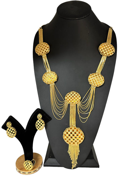 24k 1g Gold Plated Long Necklace Earrings and Finger Ring Set #5756-1