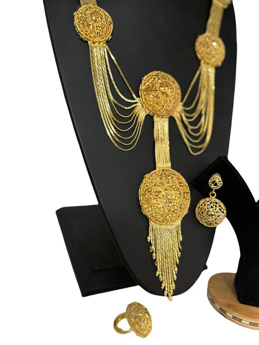 24k 1 Gram Gold Plated Long Necklace Earrings and Finger Ring Set 5756-2 - Zenia Creations