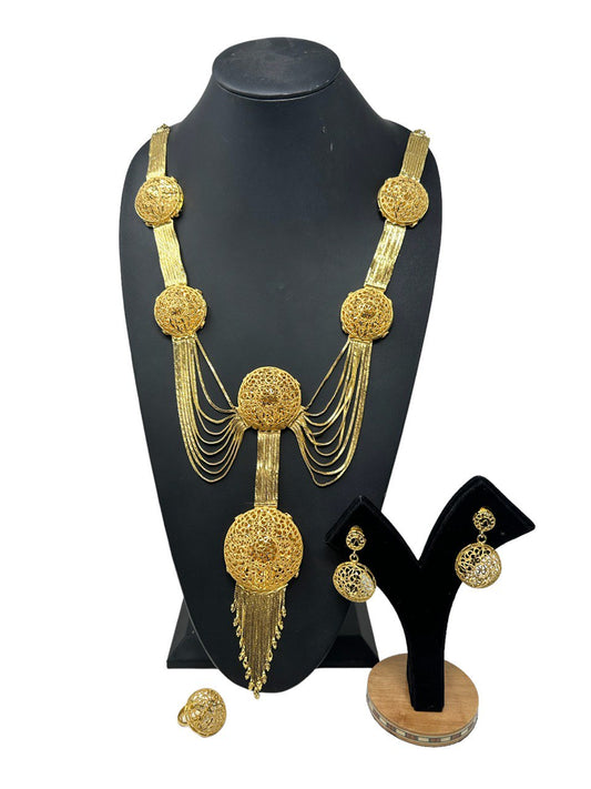 24k 1 Gram Gold Plated Long Necklace Earrings and Finger Ring Set 5756-2 - Zenia Creations