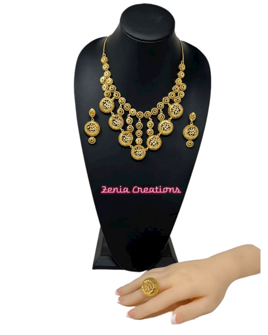 Indian Gold Plated Jewelry Set 24K 1 Gram Gold Color Necklace Earrings Set #5669-1