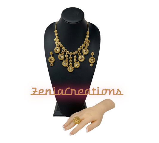 Indian Gold Plated Jewelry Set 24K 1 Gram Gold Color Necklace Earrings Set #5669-1