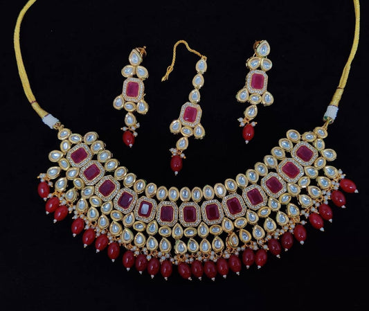 Kundan With Back Meenakari Red Necklace Earrings And Mangtikka Set #PS8