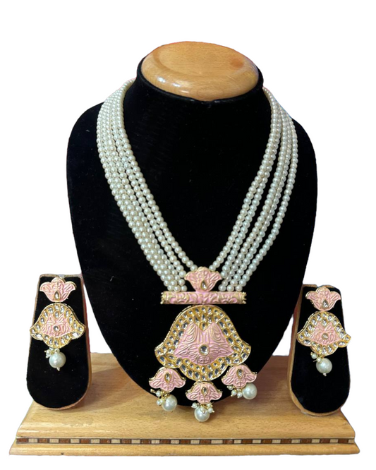 Kundan With Meenakari And Onxy Beads Mala Necklace Earrings Set #KMS1