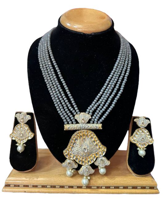 Kundan With Meenakari And Onxy Beads Mala Necklace Earrings Set #KMS1