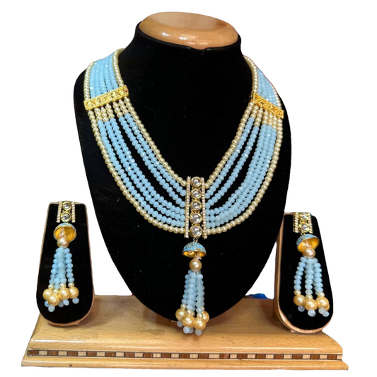 Kundan With Onxy Beads Mala Necklace Earrings Set #KMS2