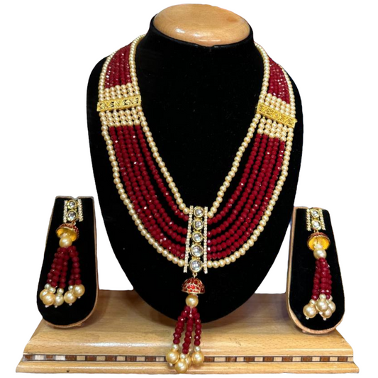 Kundan With Onxy Beads Mala Necklace Earrings Set #KMS2