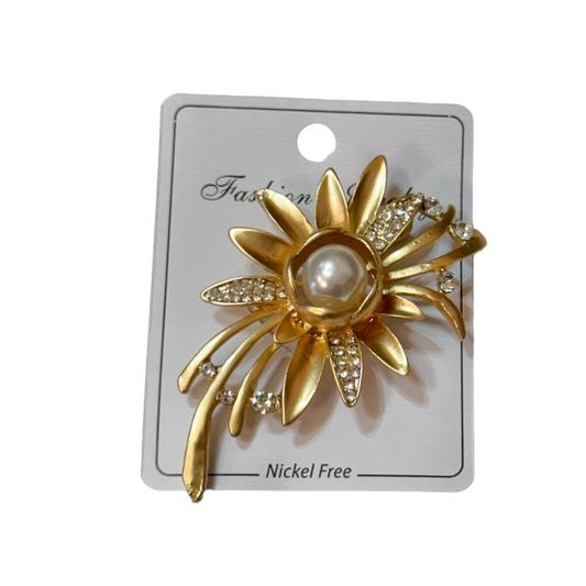 Matte Rajwadi Gold Finish Brooch With Pearls To Put on Saree Hijaab Dupatta B11