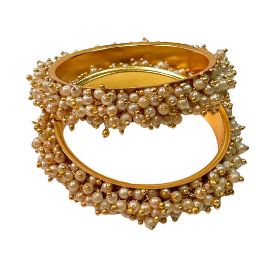 2pc Gold Kids Girls Metal Bangle Set With Gajra Pearls