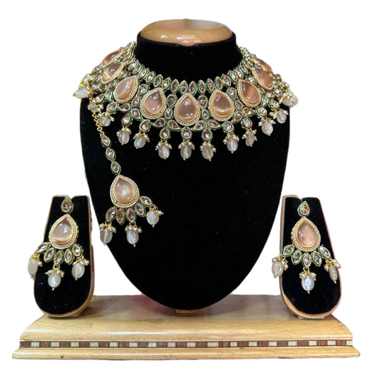 Bridal AD Kundan Monalisa Stones Choker Necklace, Earrings & Mang Tikka Set #KB1 - Zenia Creations