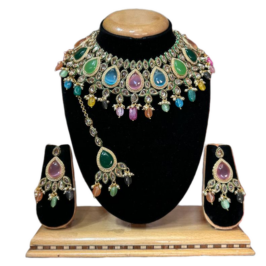 Bridal AD Kundan Monalisa Stones Choker Necklace, Earrings & Mang Tikka Set #KB1 - Zenia Creations