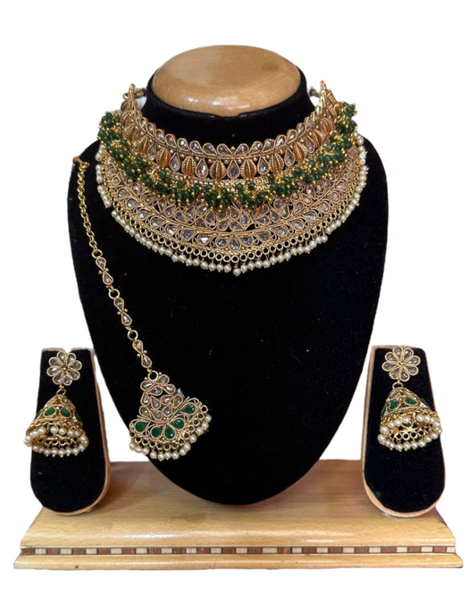 Bridal Gold Plated Polki Reverse American Diamond Choker Necklace Jhumka Earrings And Mang Tikka Set #RABC3 - Zenia Creations