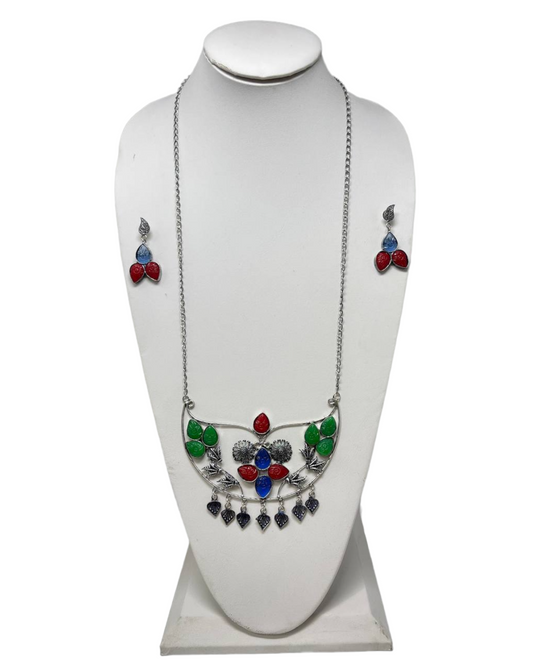 German Silver Oxidized Long Necklace Earrings Set with Amrapali Carved Stones #GS2 - Zenia Creations