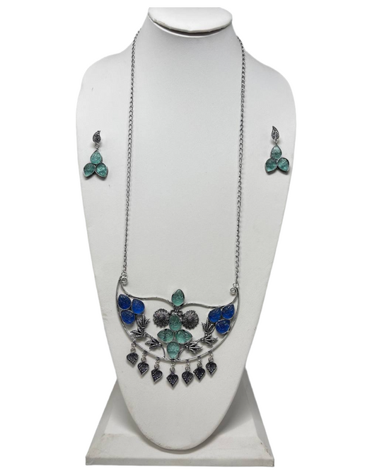 German Silver Oxidized Long Necklace Earrings Set with Amrapali Carved Stones #GS3 - Zenia Creations