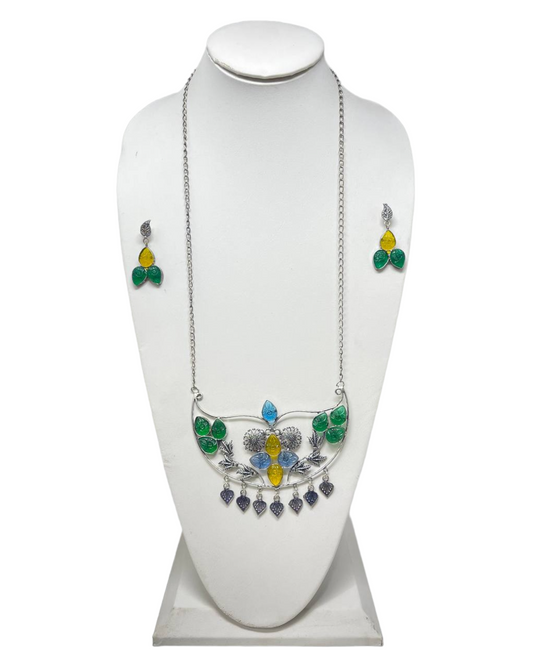 German Silver Oxidized Long Necklace and Earrings Set with Amrapali Stones #GS1 - Zenia Creations