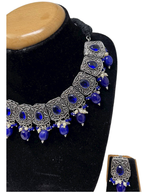 German Silver Oxidized Necklace Earrings Set with Blue Stones #GS9 - Zenia Creations