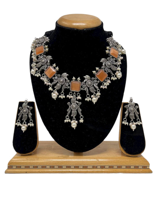 Ethnic German Silver Oxidized Necklace Earrings Set with Orange Stones #GS13
