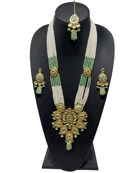 Kundan Long Mala Necklace Earrings Mang Tikka Set With Meenakari #KL1 - Zenia Creations