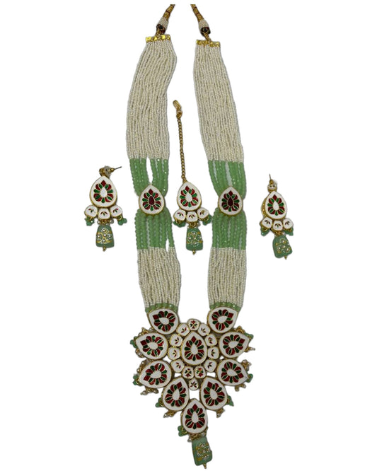 Kundan Long Mala Necklace Earrings Mang Tikka Set With Meenakari #KL1 - Zenia Creations