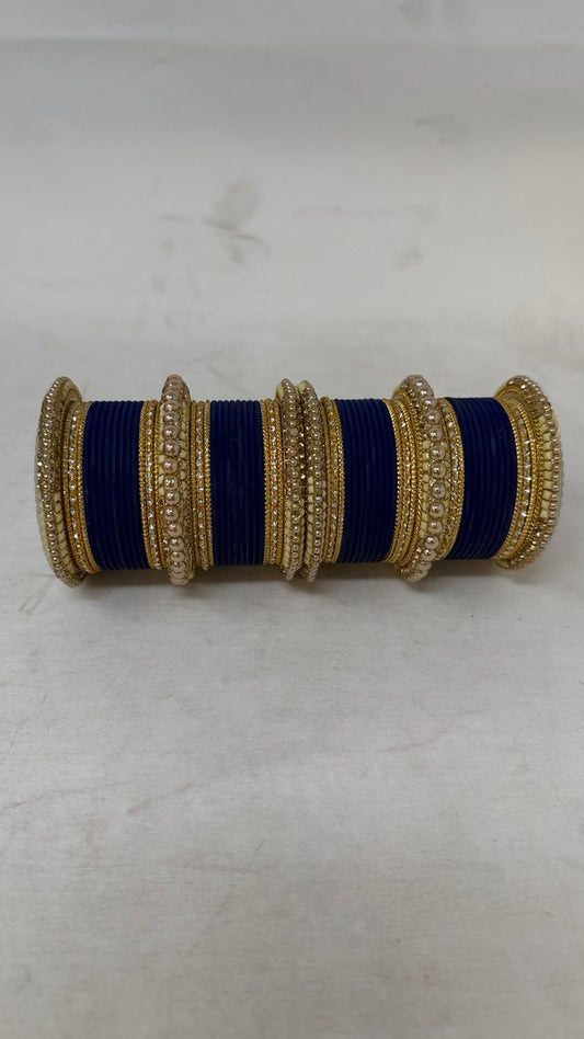 1186- Navy Velvet Bangle Set for Both Hands – Antique Gold Bridal