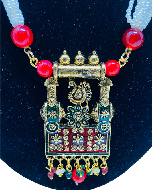 Jaipuri Long Mala Necklace & Earring Set With Meenakari KX3