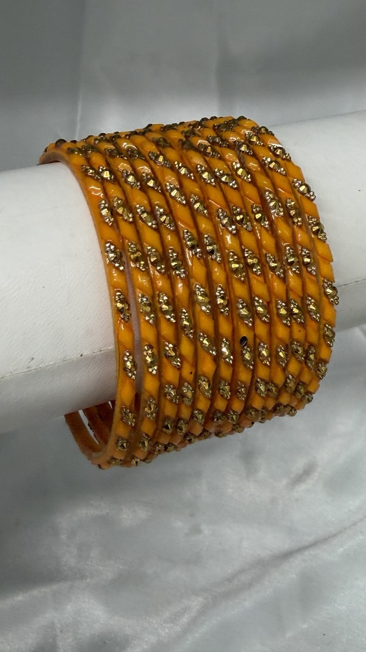 ANML - Mustard Haldi Glass Bangle Set with Gold Stone Work Haldi Ceremony Churi