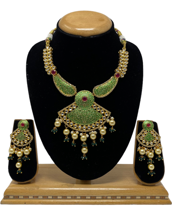 Kundan Mala Necklace & Earring Set With Green Meenakari KX9