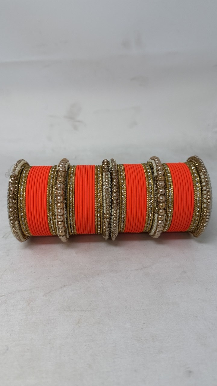 1186- Orange Velvet Bangle Set for Both Hands – Antique Gold Bridal