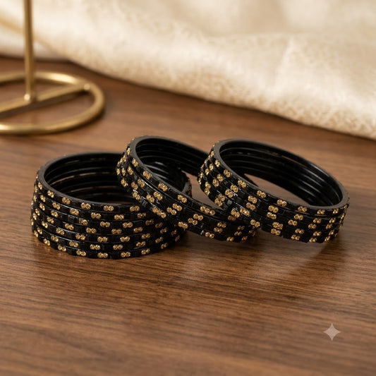 V-Black - Black Glass Bangle Set with Golden Bow Motif Studs (Pack of 12)
