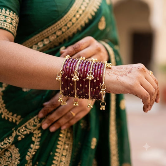 ANML - Wine Red Glass Bangle Set with Gold Ghungroo Latkan Kadas
