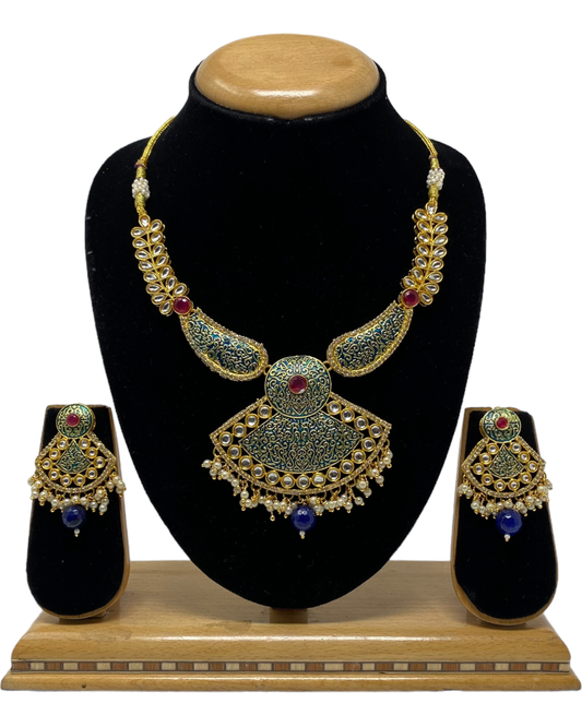 Kundan Mala Necklace & Earring Set With Blue Meenakari KX8
