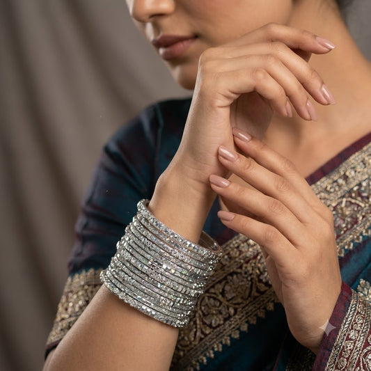 V-Silver Silver Diamond-Glitter Glass Bangle Set Sparkling Metallic Shimmer Choodiyan