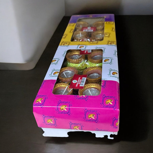 Pack of 24 Handcrafted Fancy Diyas – Assorted Colors | Pre-Filled with Wax & Wati | Ready to Use