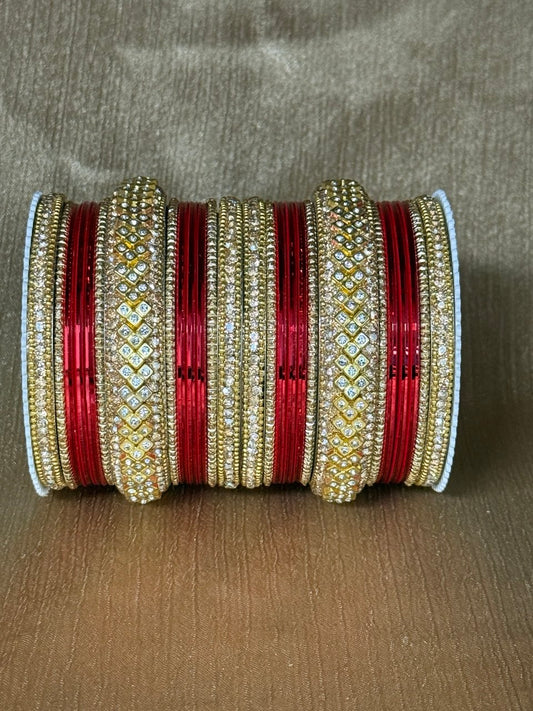 8056G - Gold-Tone Red Studded Bridal Bangle Set