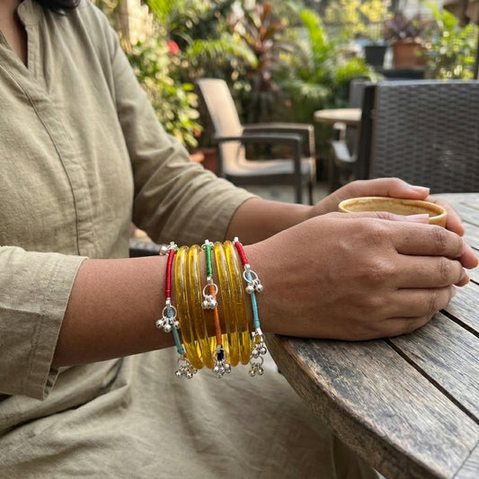 KK- Yellow Glass Bangle Set with Kashmiri Ghungroo Bangles Thread-Wrapped Jingle Charm