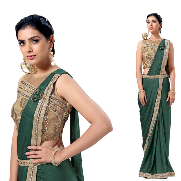 3pc Designer Ready To Wear Lycra Material Saree With Blouse And Waist Belt #1015719