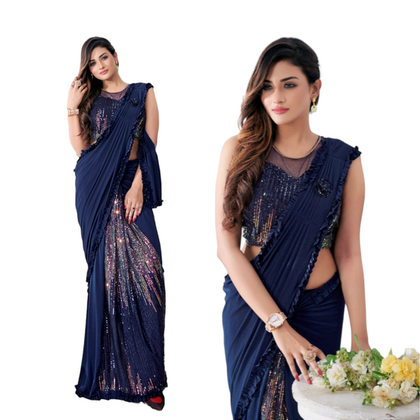 Designer Ready To Wear Lycra Material Saree With Sequins Blouse #101790