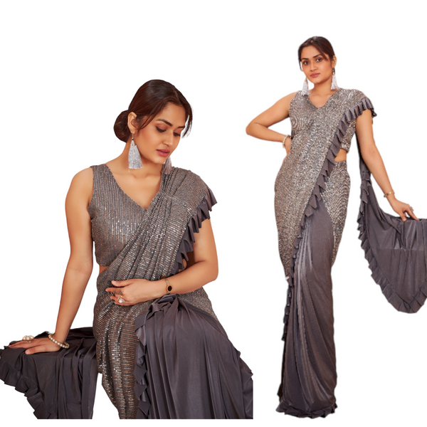 Designer Ready To Wear Lycra Material Saree With Sequins Blouse #101852