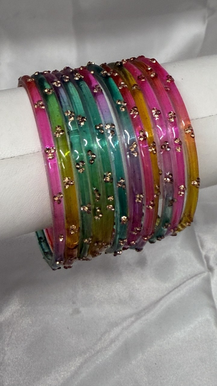 ANML - L-MLT Multicolor Glass Bangle Set with Gold Ghungroo Latkan Kadas