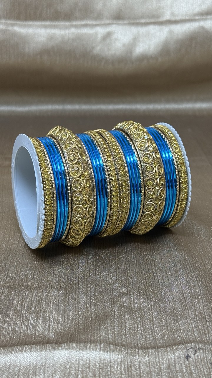 1181G-Bl Indian Bridal Chuda Churiyan Metal Glossy Blue Color Kangan Bangles Set