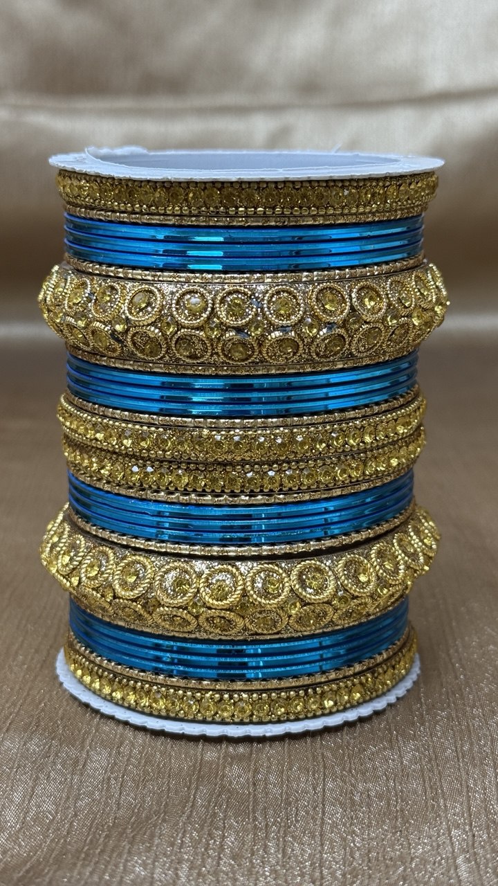 1181G-Bl Indian Bridal Chuda Churiyan Metal Glossy Blue Color Kangan Bangles Set