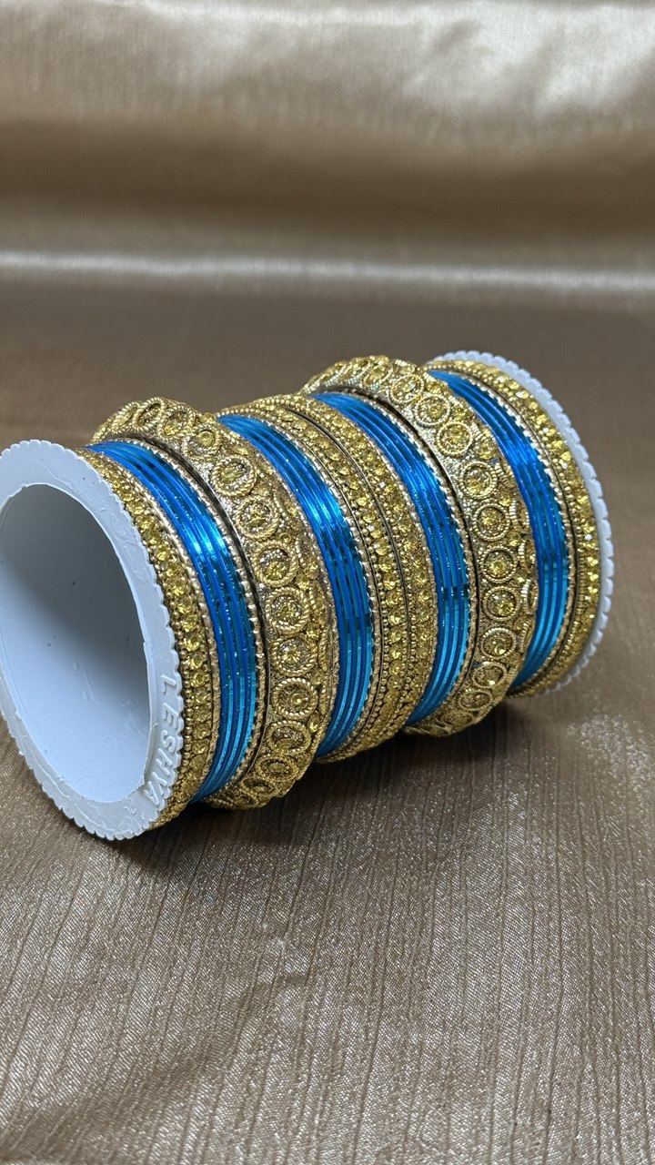 1181G-Bl Indian Bridal Chuda Churiyan Metal Glossy Blue Color Kangan Bangles Set