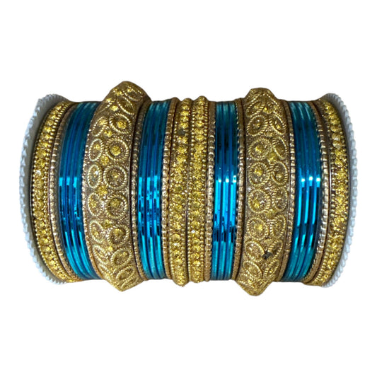 1181G-Bl Indian Bridal Chuda Churiyan Metal Glossy Blue Color Kangan Bangles Set