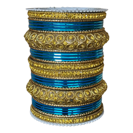 1181G-Bl Indian Bridal Chuda Churiyan Metal Glossy Blue Color Kangan Bangles Set
