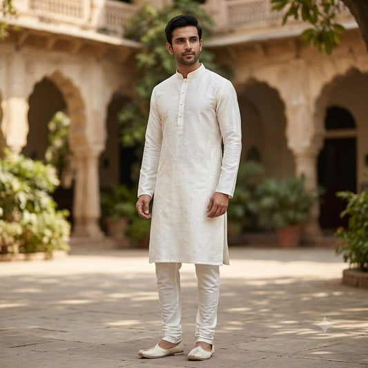 M3- Men’s Off-White / Pearl White Raw Silk Kurta Pajama Set with Matching Churidar - Zenia Creations